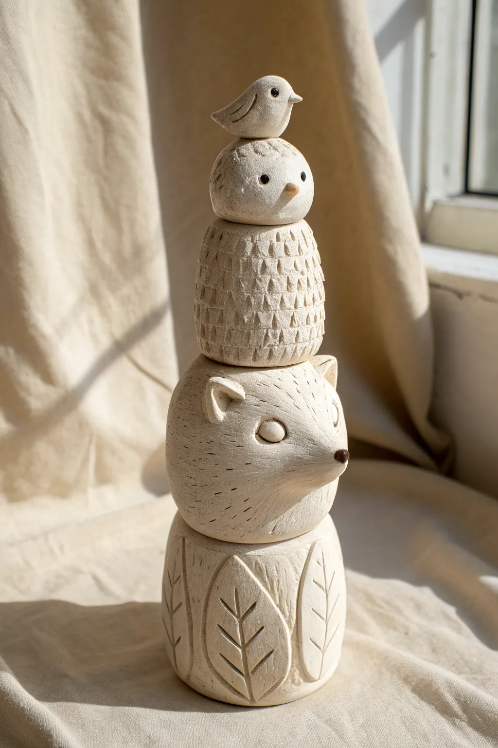 Texture-first clay animal totem: fur, scales, and feathers in one calming minimalist study