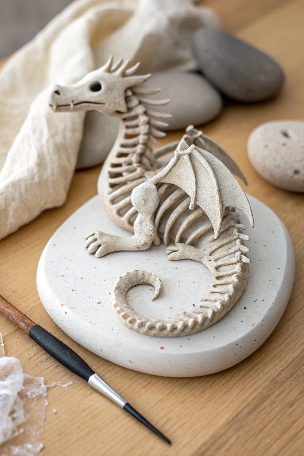 A mini skeletal dragon in a curled pose, bold shapes and soft texture for an easy clay class win.