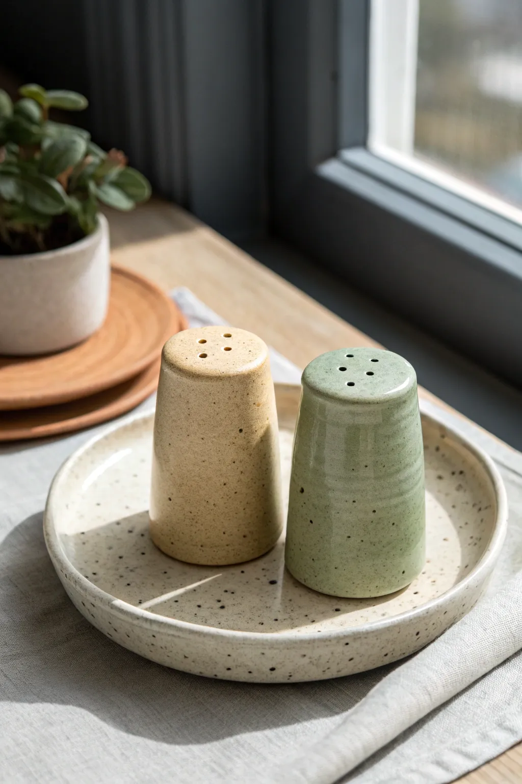 Minimal matte clay salt and pepper shaker duo in soft neutrals for a calm, modern table