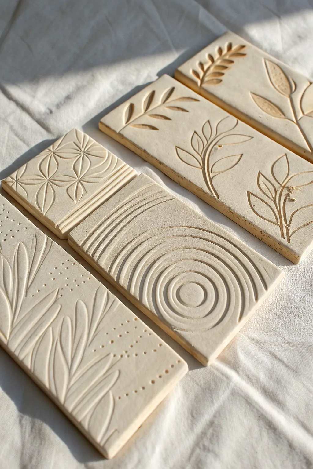 Simple carved line wall tiles: arches, waves, and botanicals in a calm minimalist palette
