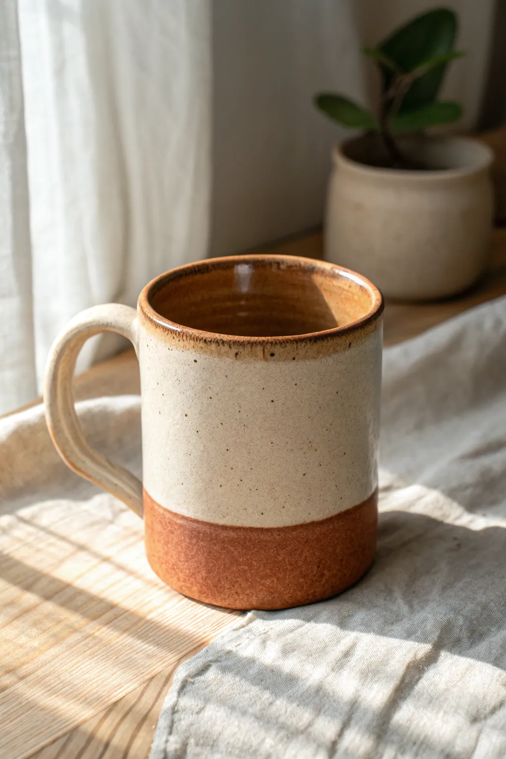 Two-tone slab mug with a capped rim band, clean minimal shape and a bold contrasting lip.
