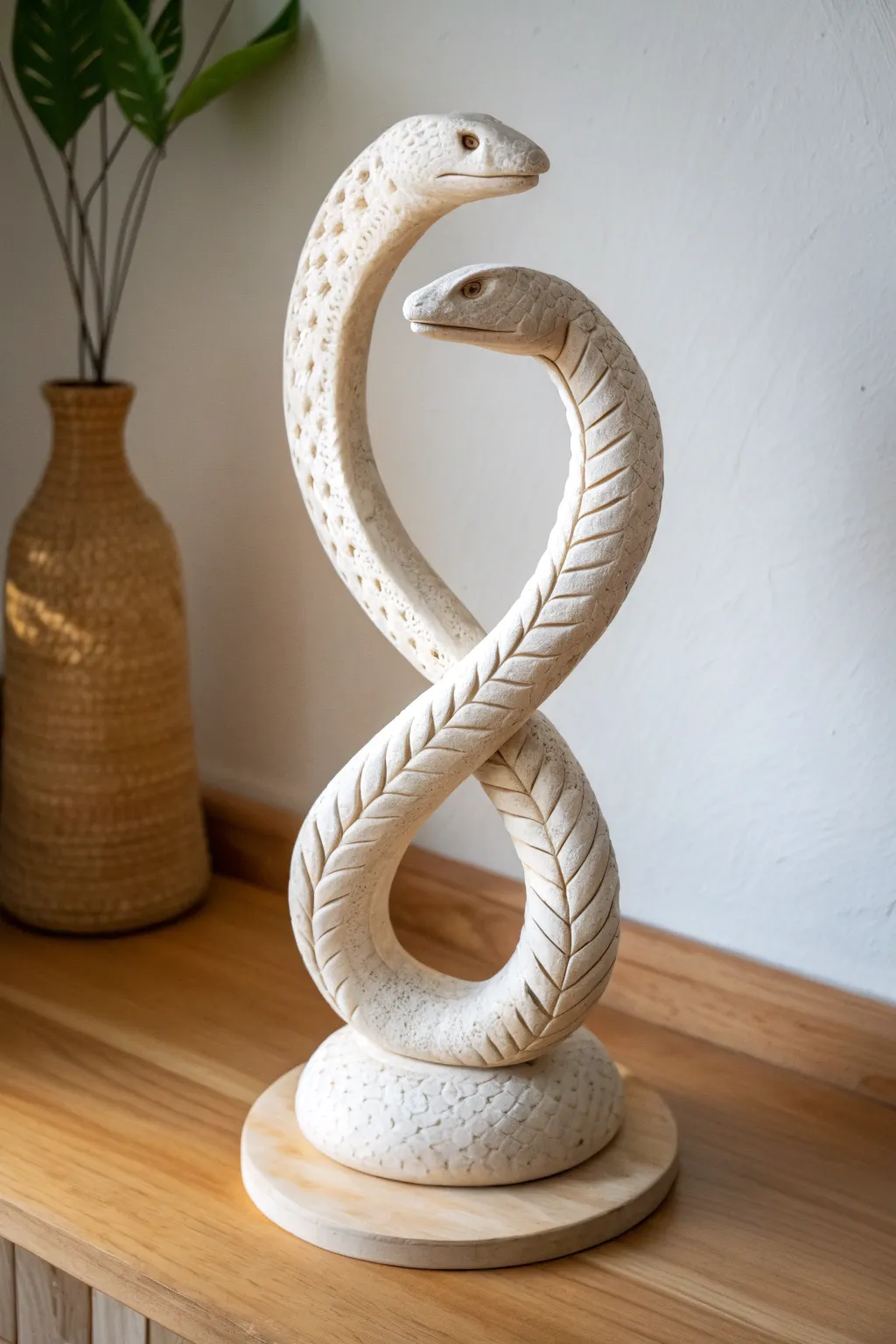 Minimalist double-headed clay snake totem with mythic carvings and calm Nordic contrast