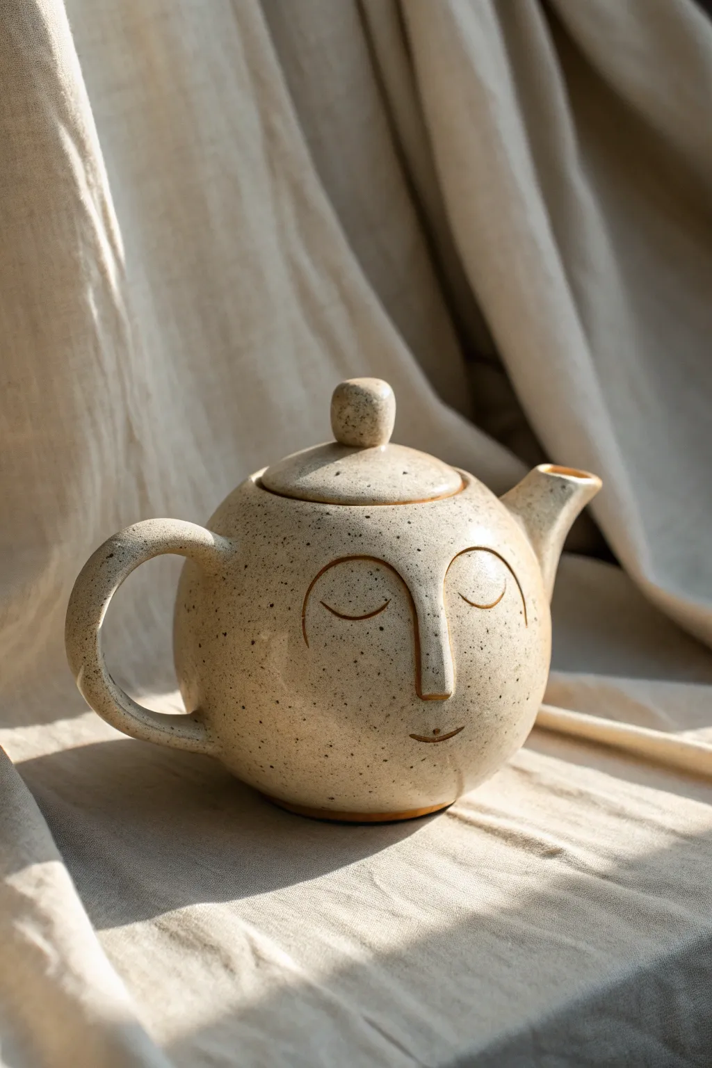 Minimal sculptural face teapot in a soft matte glaze, simple lines and cozy Nordic charm
