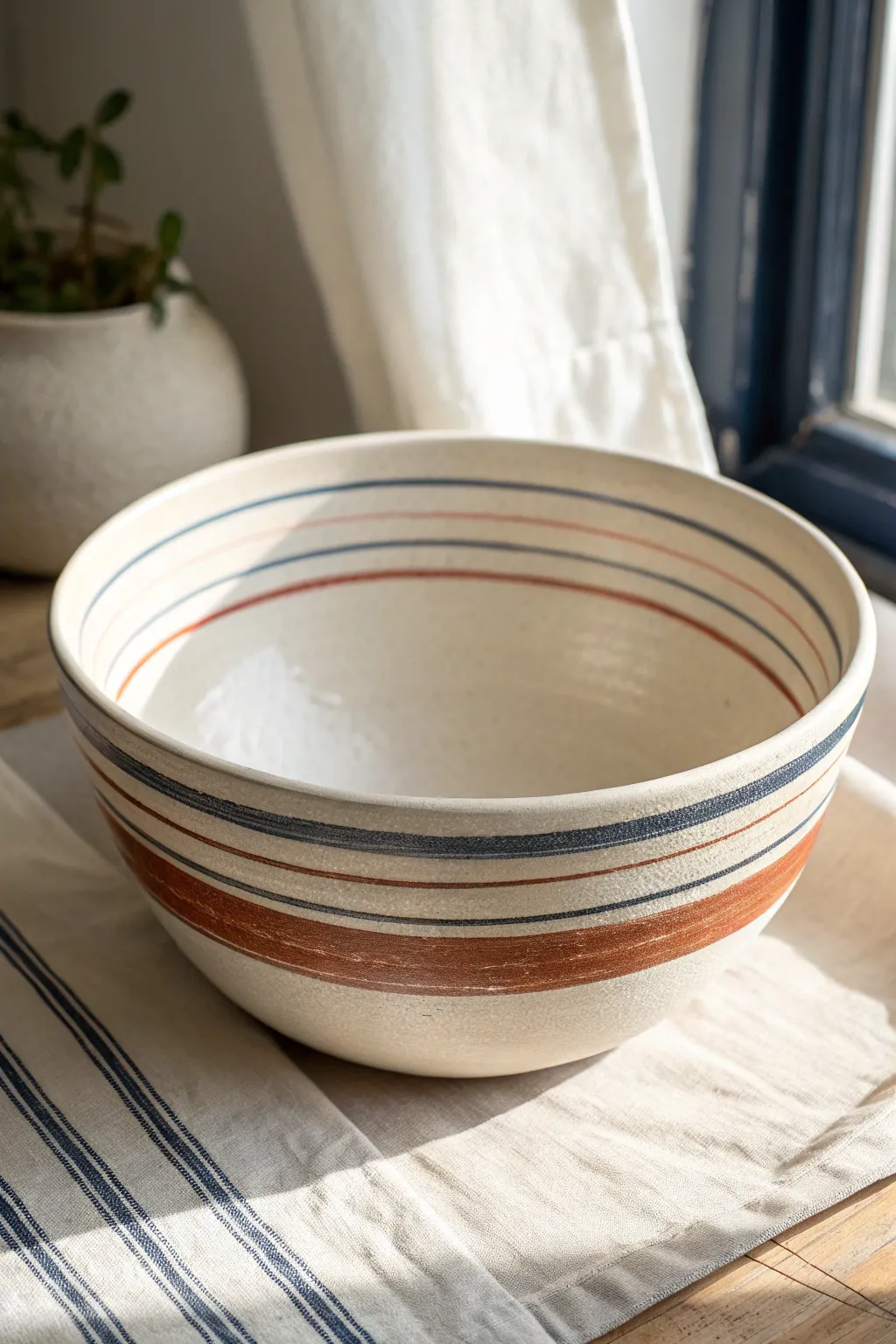 Minimal wheel-thrown bowl with crisp indigo and terracotta underglaze bands, clean and modern.