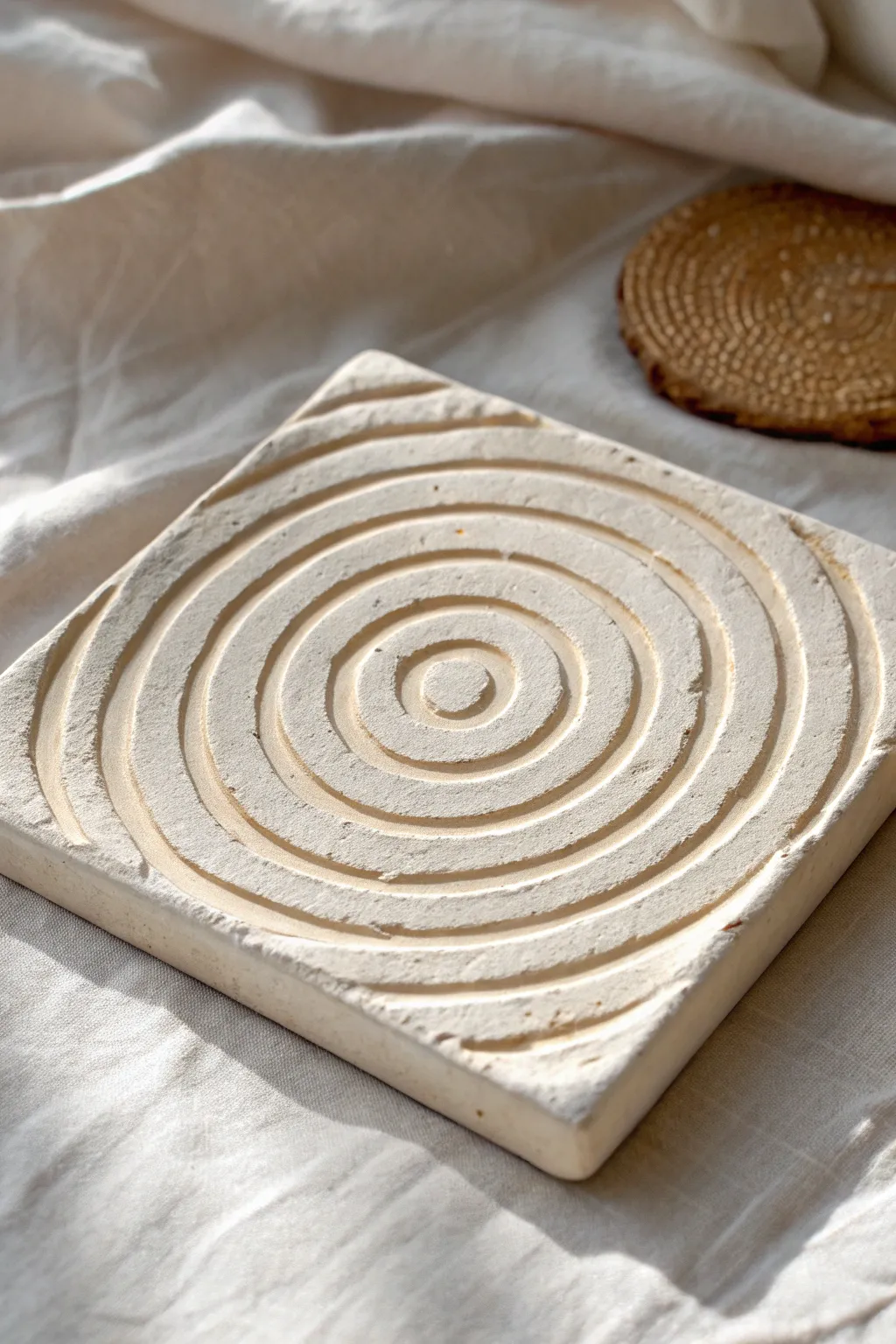 Minimalist topographic contour tile in soft matte glaze, calming texture with crisp relief shadows