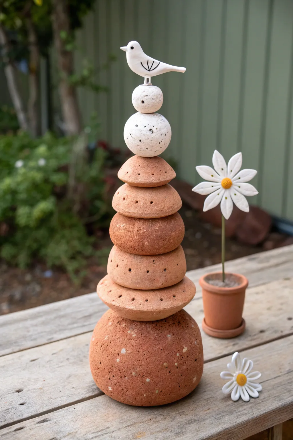 Modular clay totem with swappable toppers for an easy refresh of your shelf styling