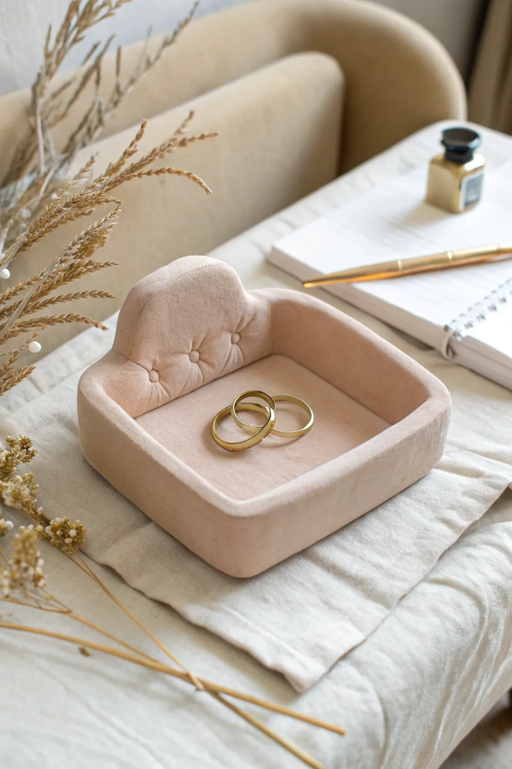 Sweet couch-shaped clay trinket dish for rings, styled on a calm minimalist nightstand