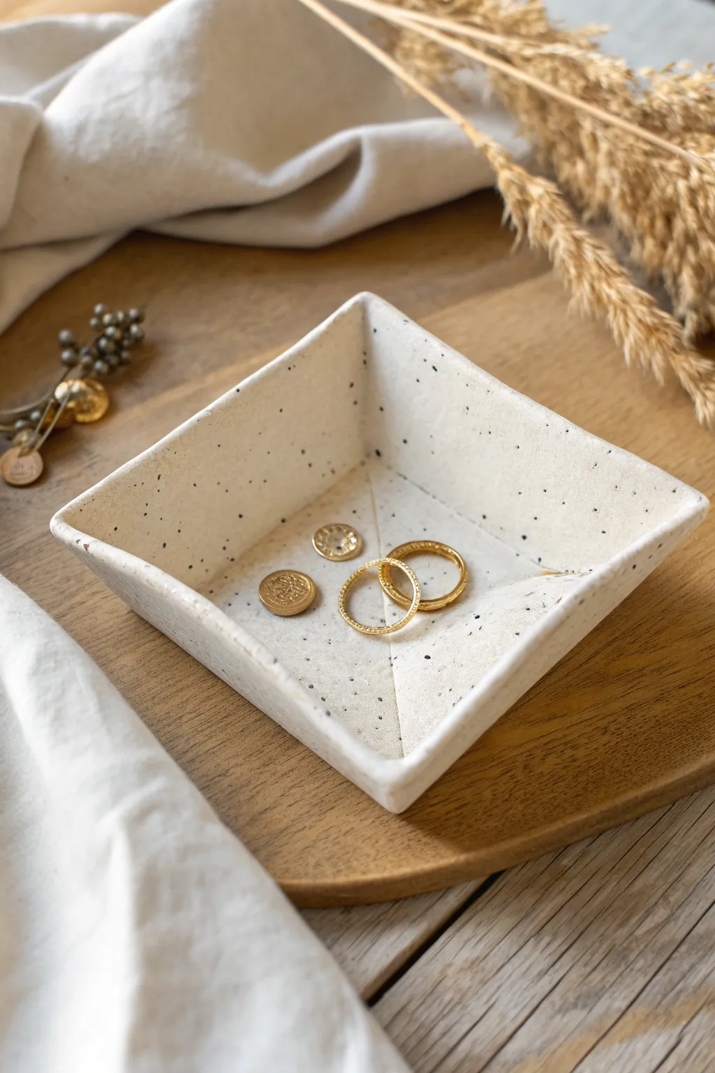 Folded-corner clay catchall, a minimal envelope tray for studs, rings, and everyday coins.
