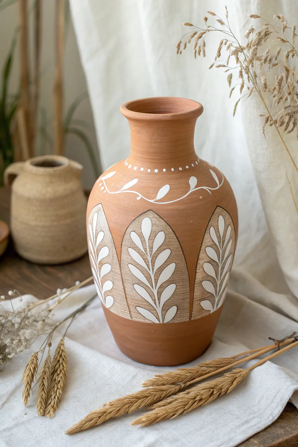 Raw clay vase with painted shapes framing clean negative space silhouettes in soft earthy tones.