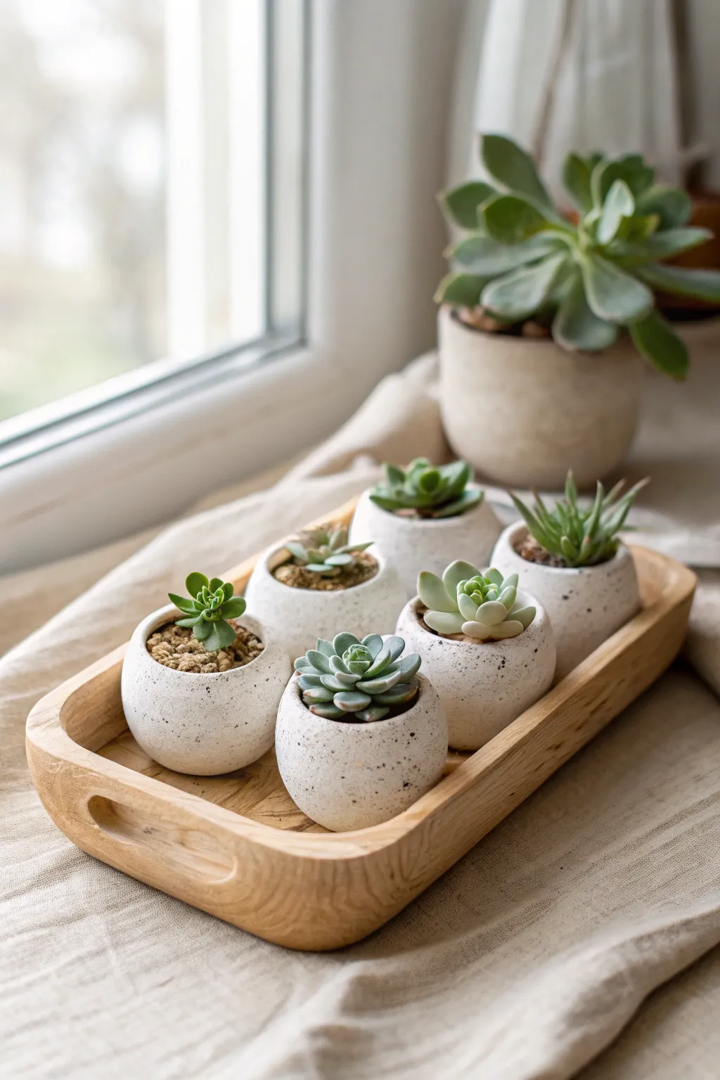 Egg-shaped mini clay planters in a simple tray, each with a tiny succulent for soft boho minimalism.