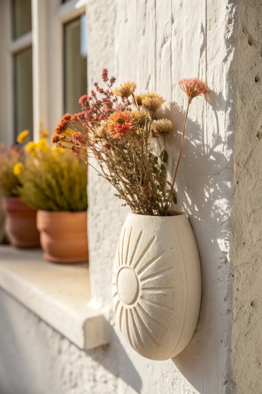Cheerful sunburst clay wall pocket styled with bright dried blooms in calm Scandi tones.