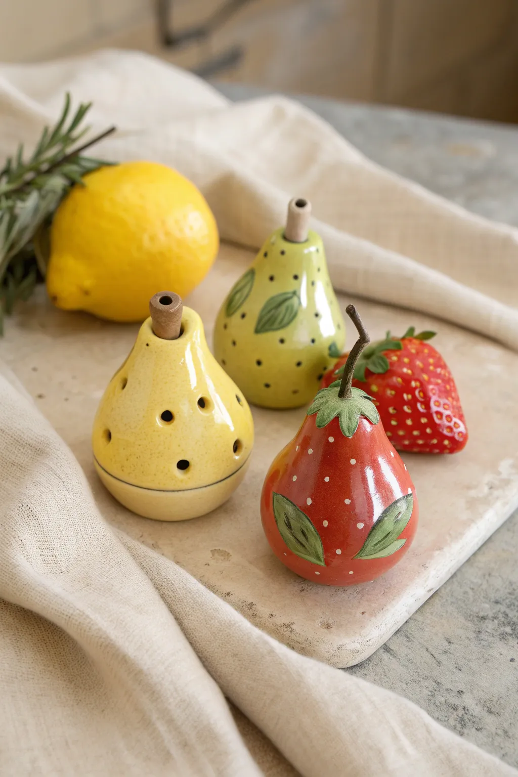 Bright lemon, strawberry, and pear clay whistles in a minimalist Scandinavian boho style
