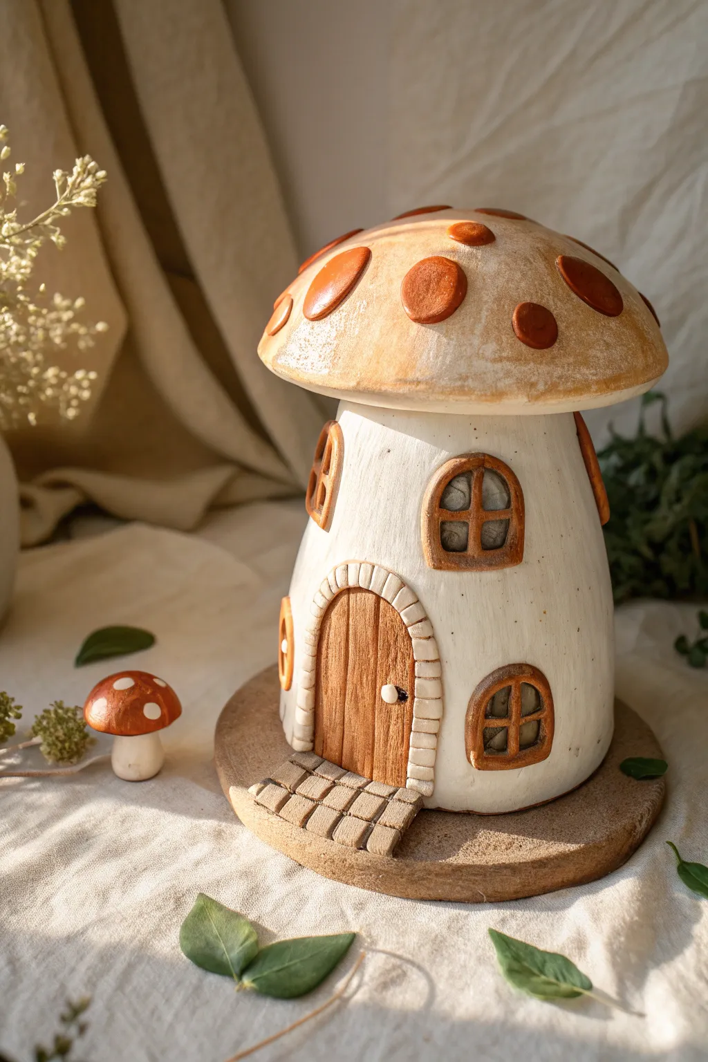 Cozy clay mushroom fairy house decor in minimalist boho style, perfect for whimsical shelves.