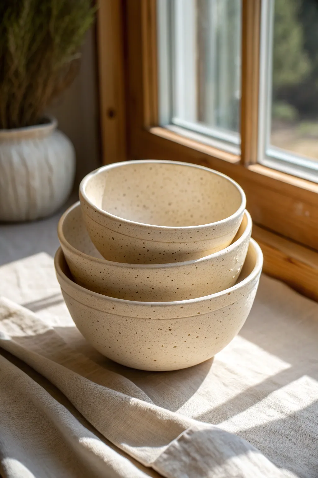 Three handmade nesting bowls with matching curves, stacked perfectly for a satisfying consistency win.