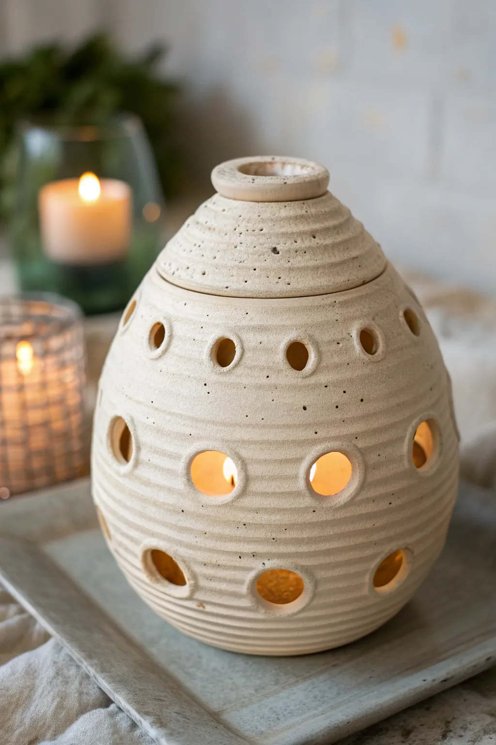 Coil-built luminary with warm inner glow, simple cutouts, and clean Scandinavian-boho styling