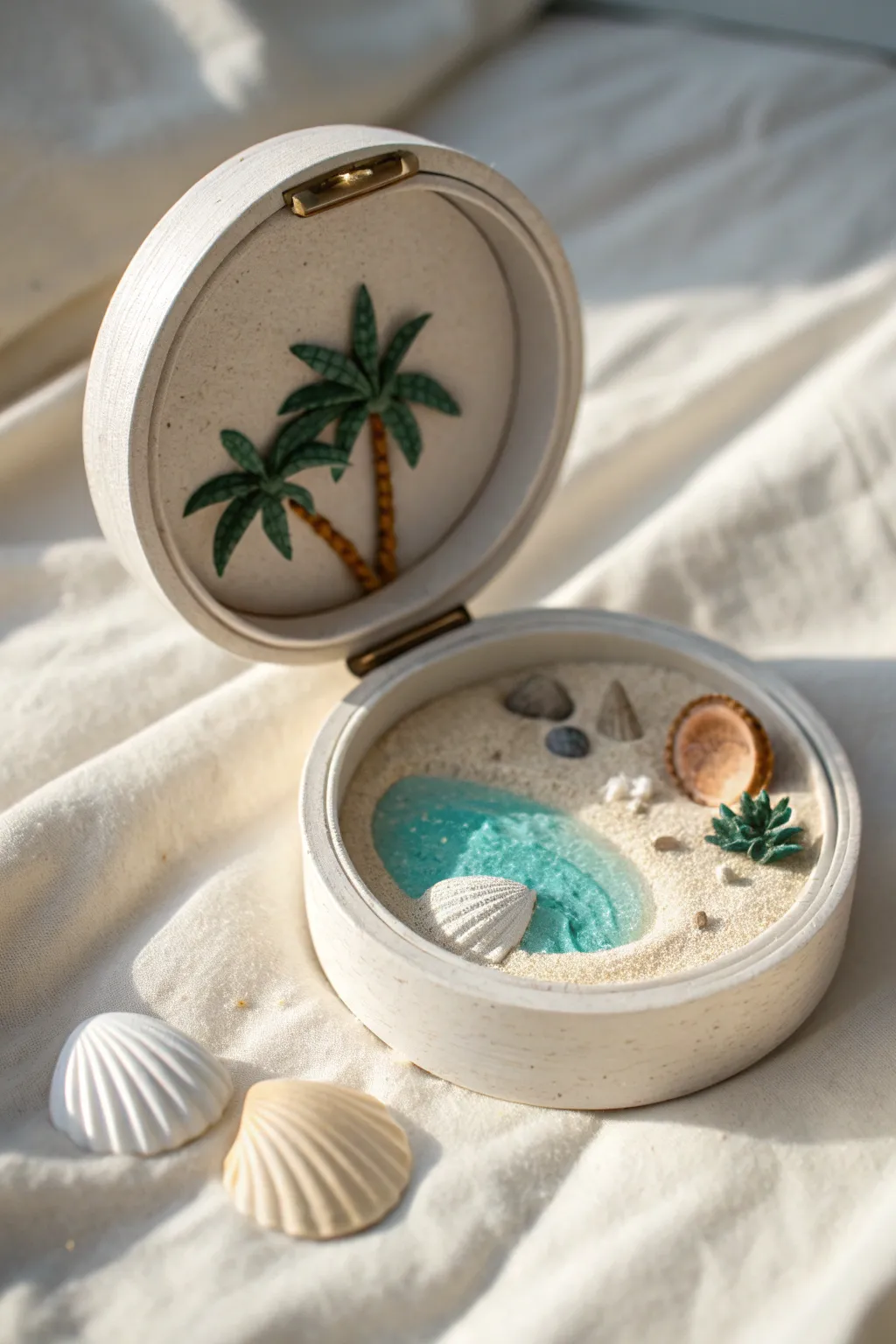 Mini polymer clay diorama in a round lid box, beach scene inside with clean minimalist charm