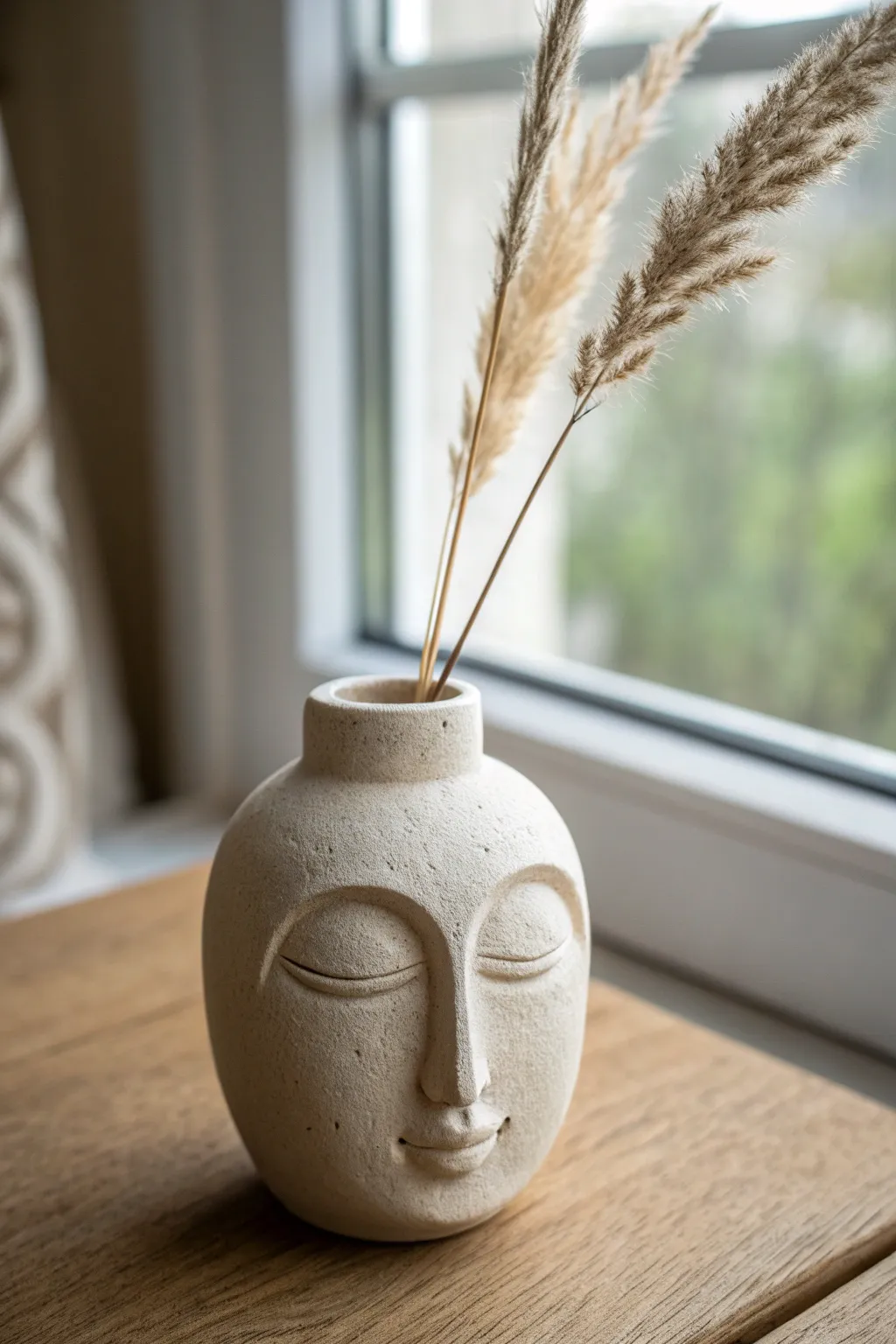 Minimal face vase head sculpture with a dried stem, modern clay decor that feels calm and cool