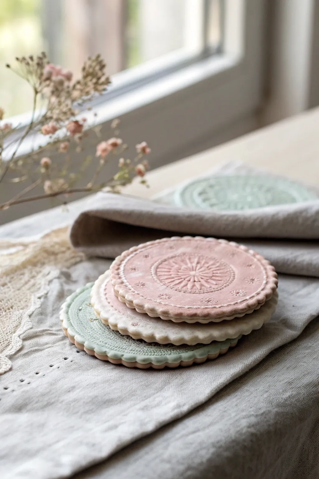 Pastel lace-imprint clay coasters with tiny heart edges, a sweet coquette touch.