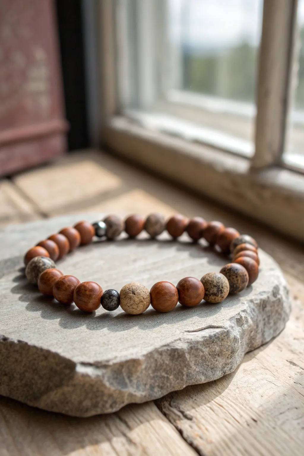 Barnwood brown clay bead bracelet with speckled stone accents for rustic country charm