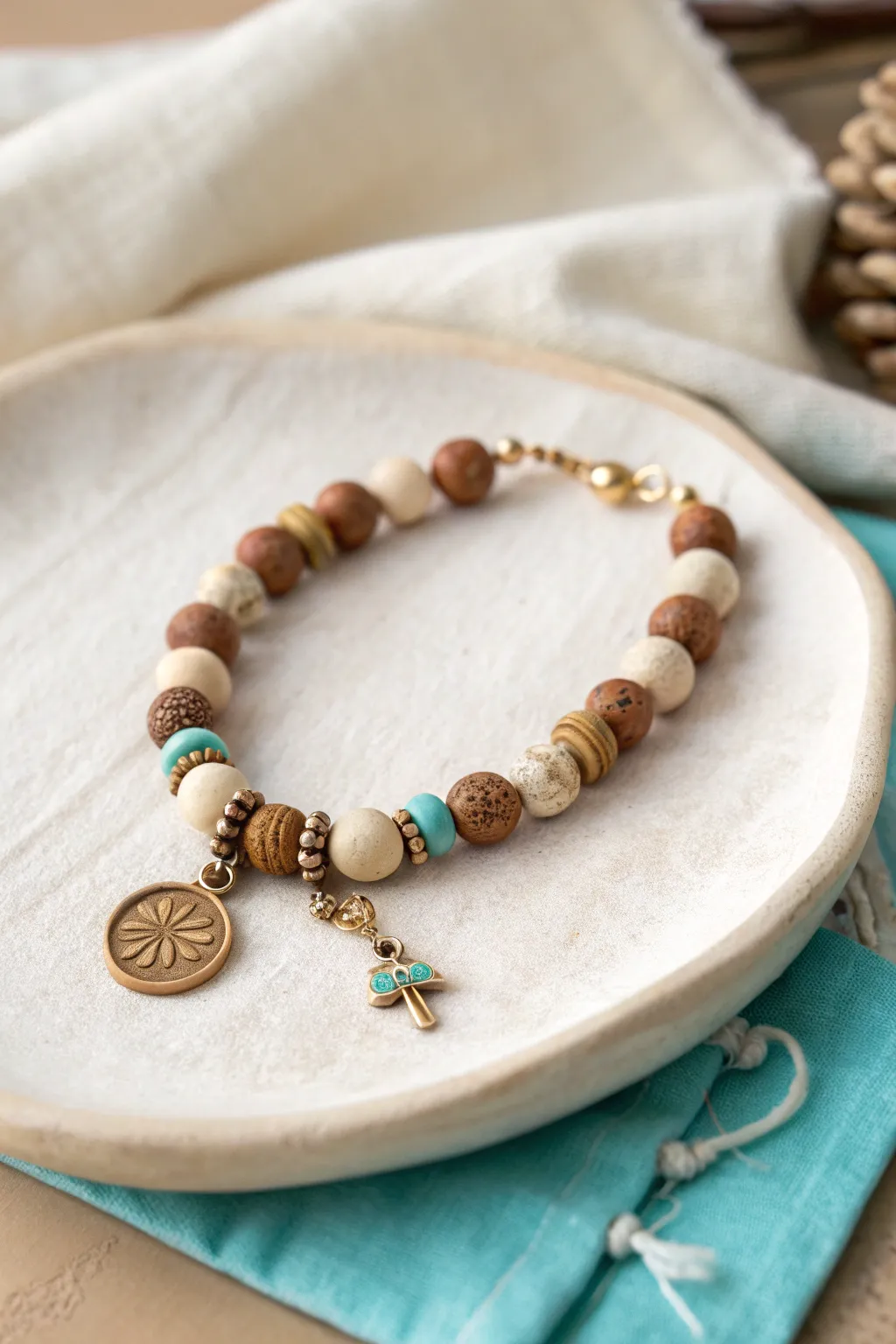 Earthy clay beads with a tiny lariat loop charm and one turquoise pop for cowgirl chic.