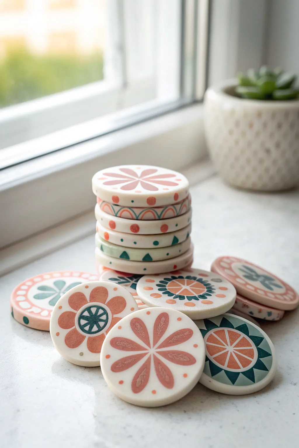 Millefiori-style clay slices in soft boho tones, arranged like candy on crisp white