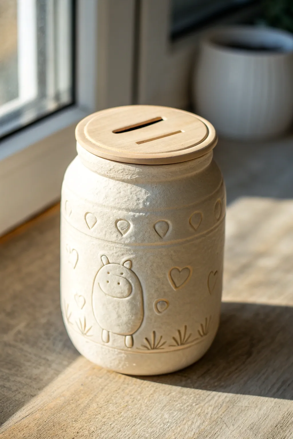 Upcycled jar core bank wrapped in clay, a sweet minimalist character to save coins beautifully.