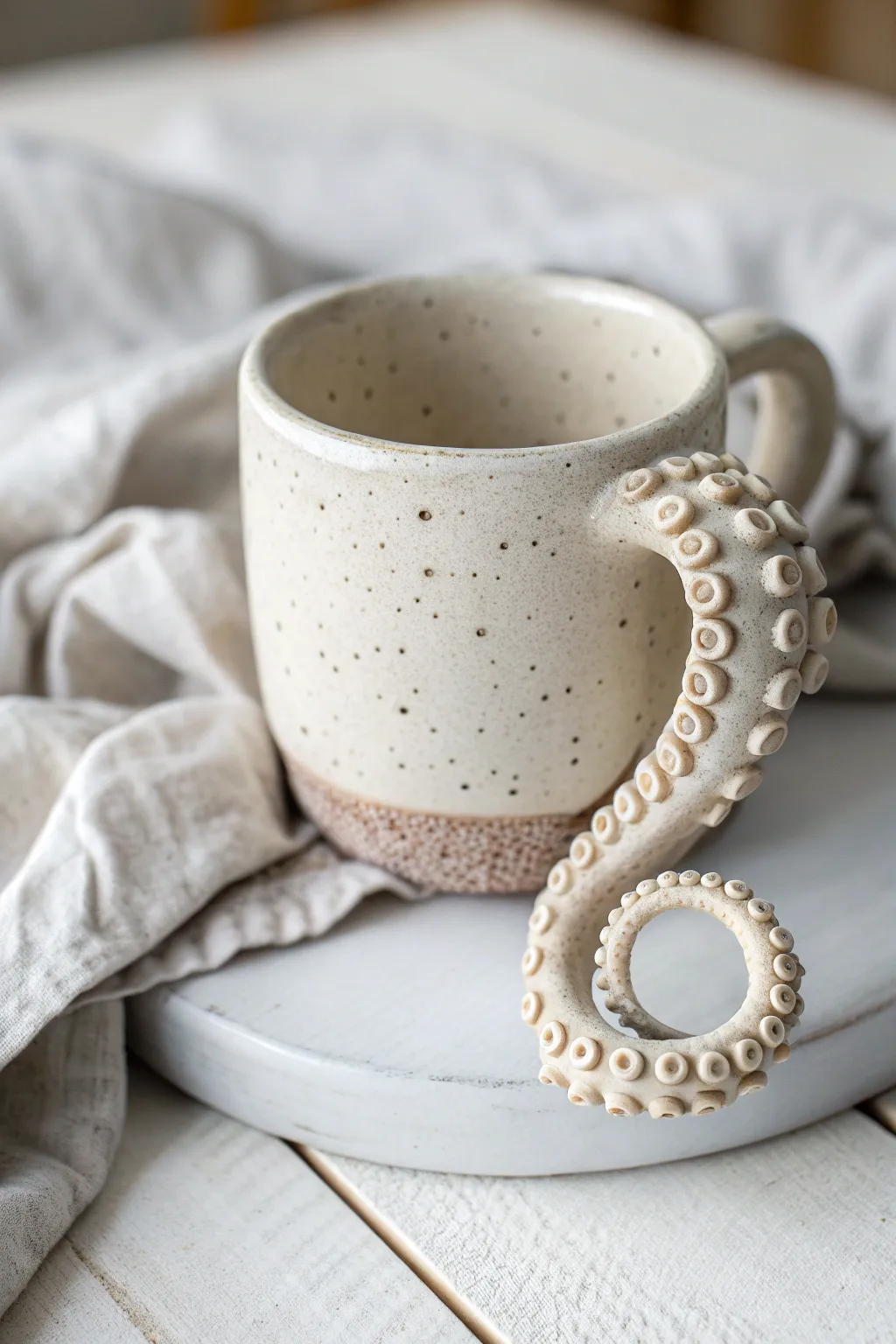 Octopus tentacle handle mug with subtle suction-cup texture in a calm minimalist setting
