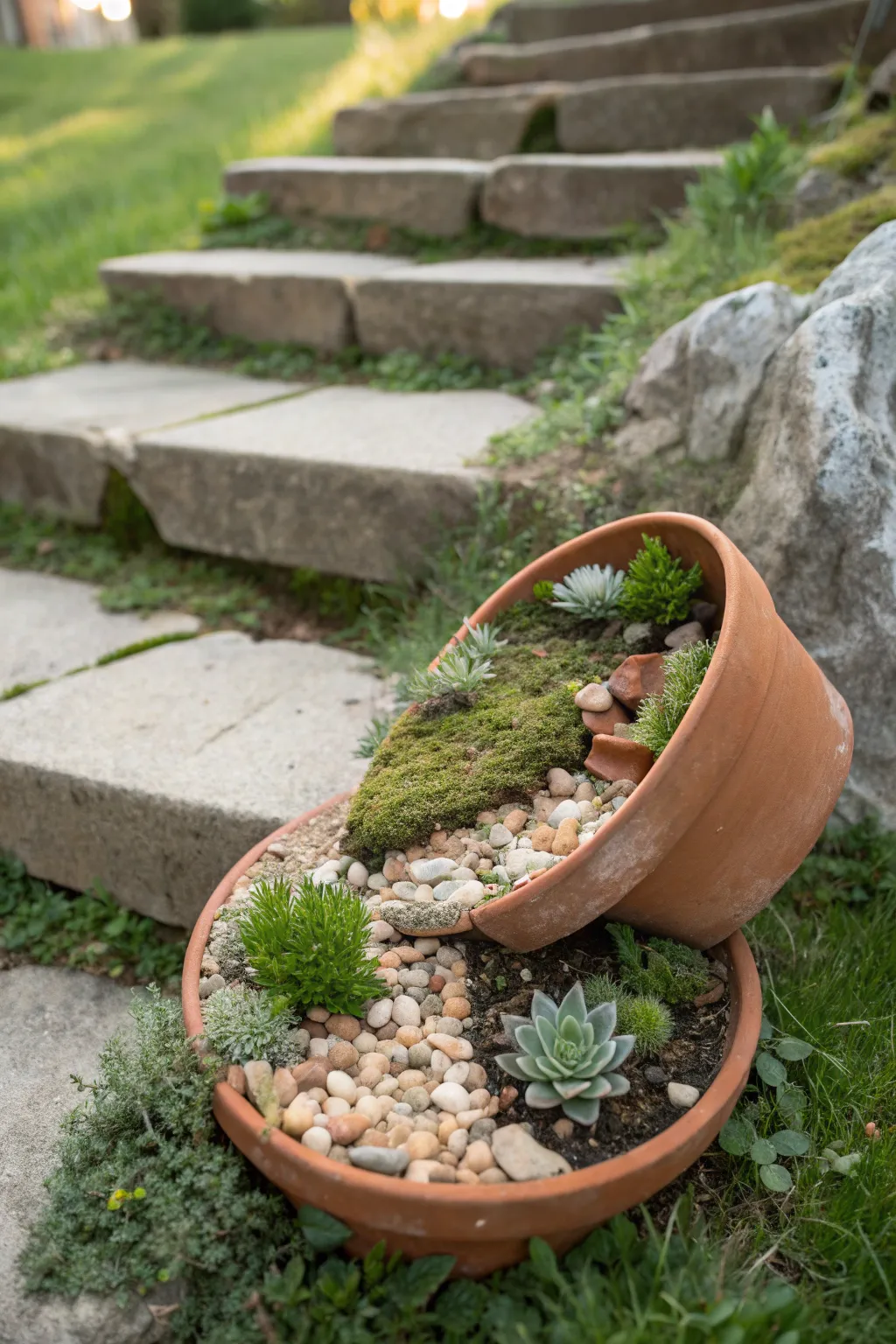 A broken terracotta pot becomes a layered fairy garden with moss, pebbles, and mini plants.