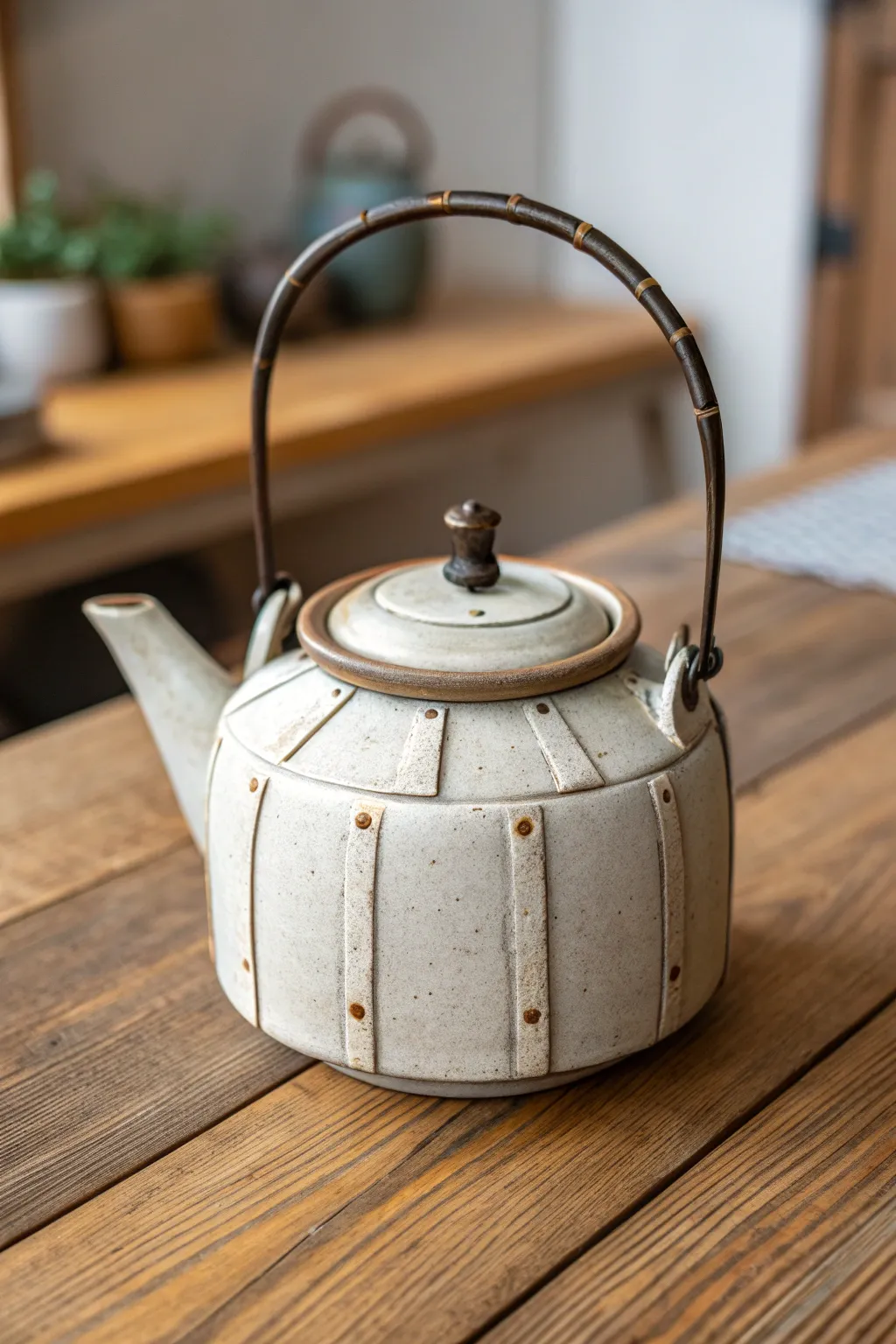 Industrial-inspired ceramic teapot with faux bolts and rivets in soft metallic and rust tones