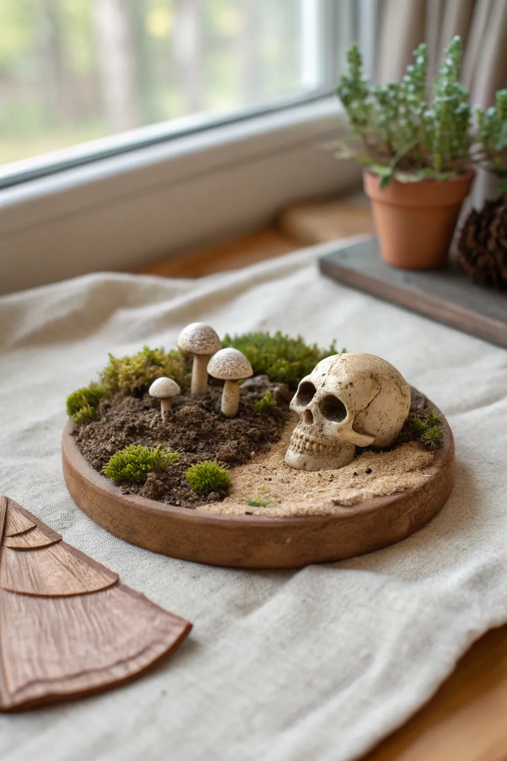 Woodland skull-and-mushroom clay base with pebble texture and an earthy grimy wash