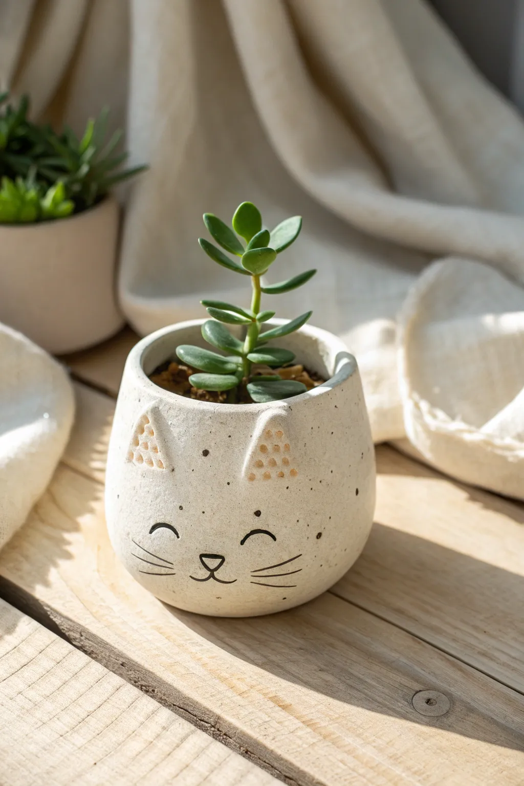 Beginner-friendly air dry clay mini cat planter with a sweet face and fresh greenery.