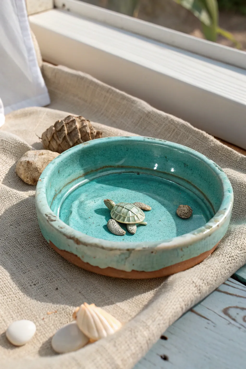 Turquoise sea turtle pool ashtray with soft beachy neutrals for calm, cute coastal vibes.