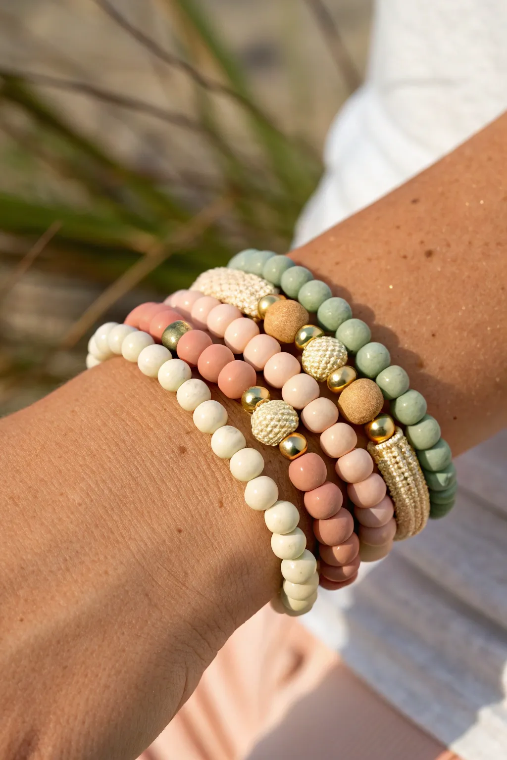 Five mismatched clay bead bracelets, one palette and gold accents for an effortless wrist stack.