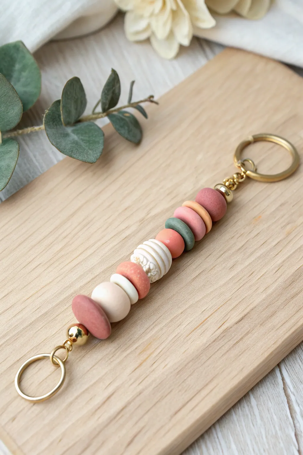 Chunky clay disc beads meet slim heishi accents for a cute, bold keychain you can DIY.