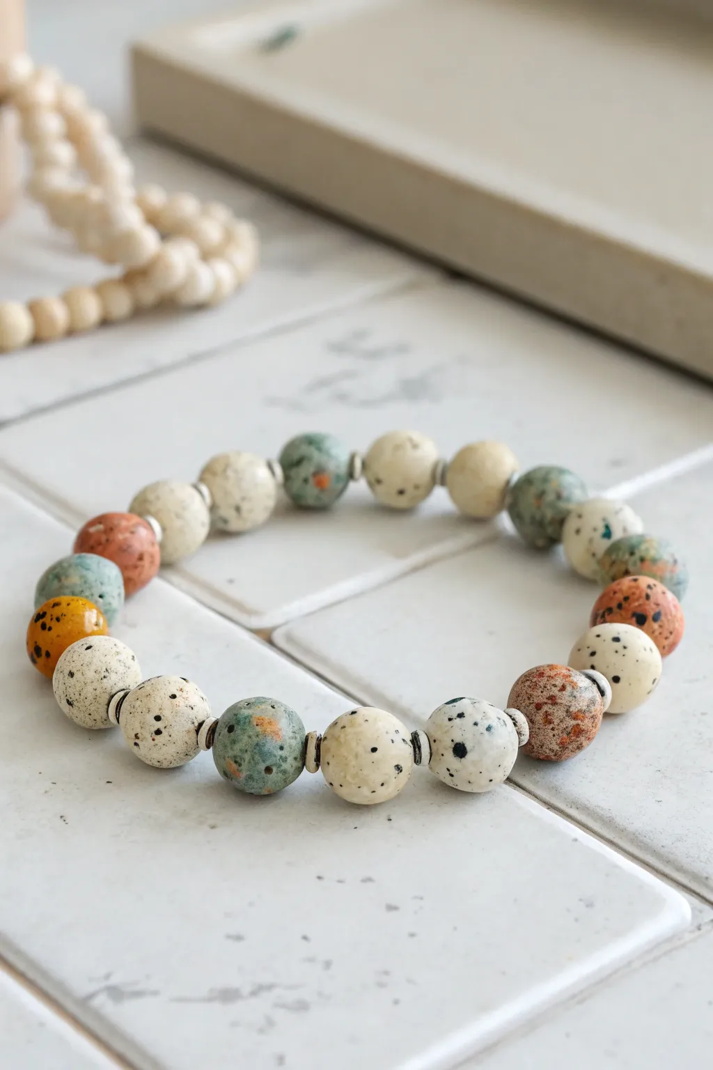 Terrazzo speckled clay bead bracelet in soft neutrals, a playful pop for everyday wear.