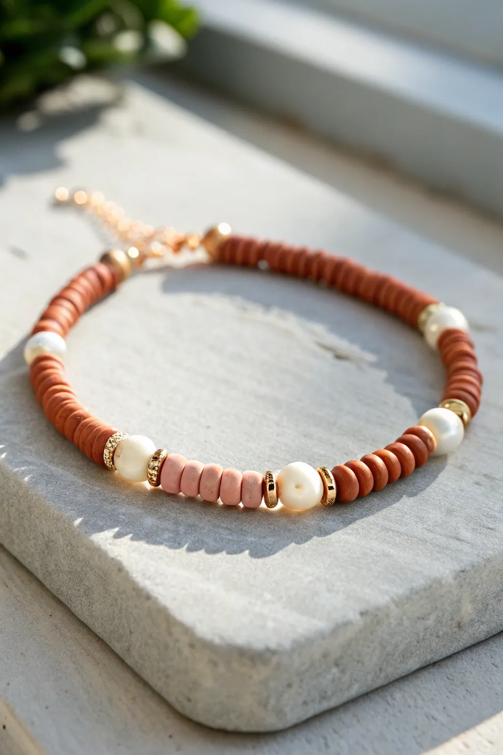 Matte clay heishi beads and tiny pearl spacers make a simple bracelet with soft contrast.