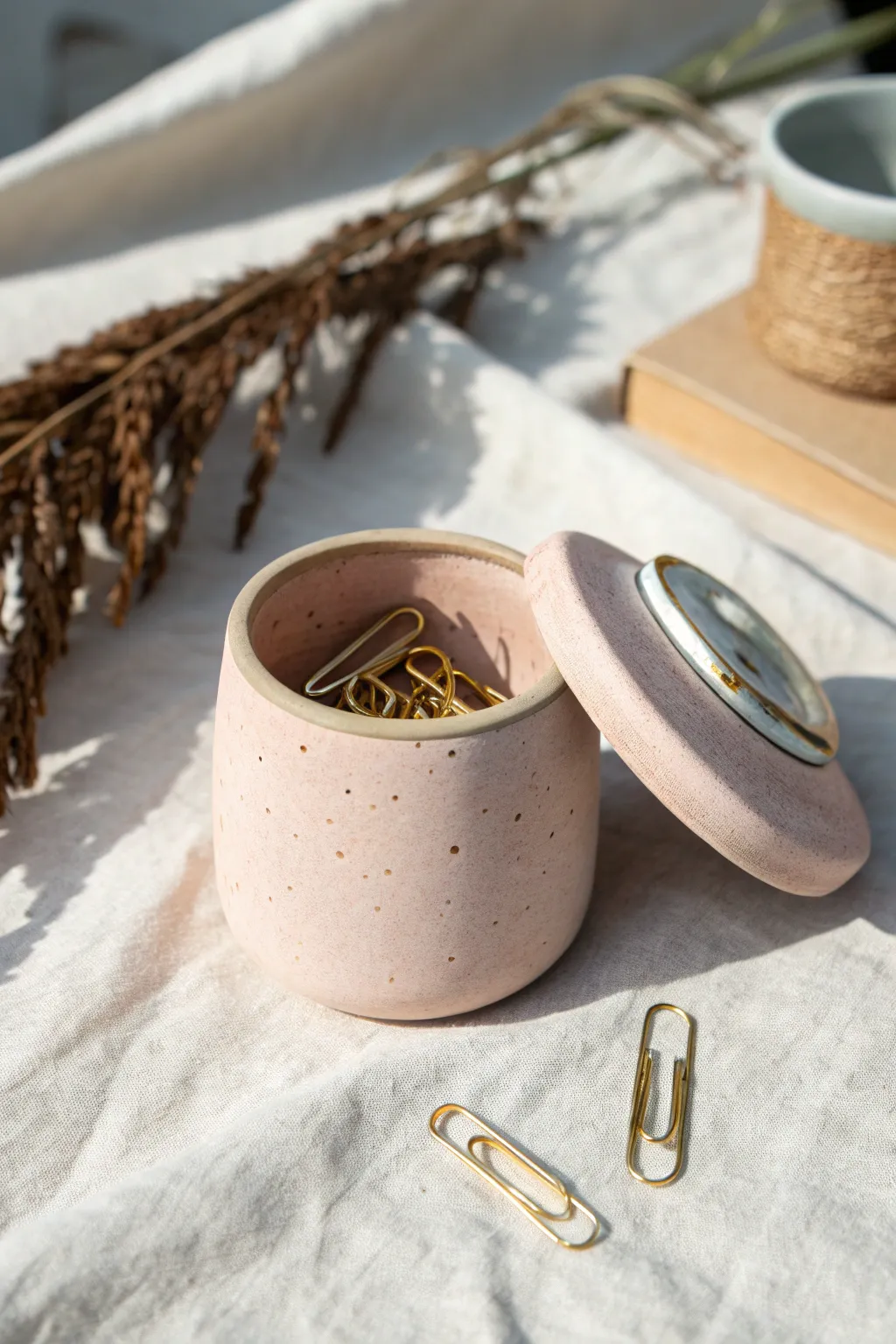 Magnetic mini clay canister with a sweet face, perfect for pins and paper clips.