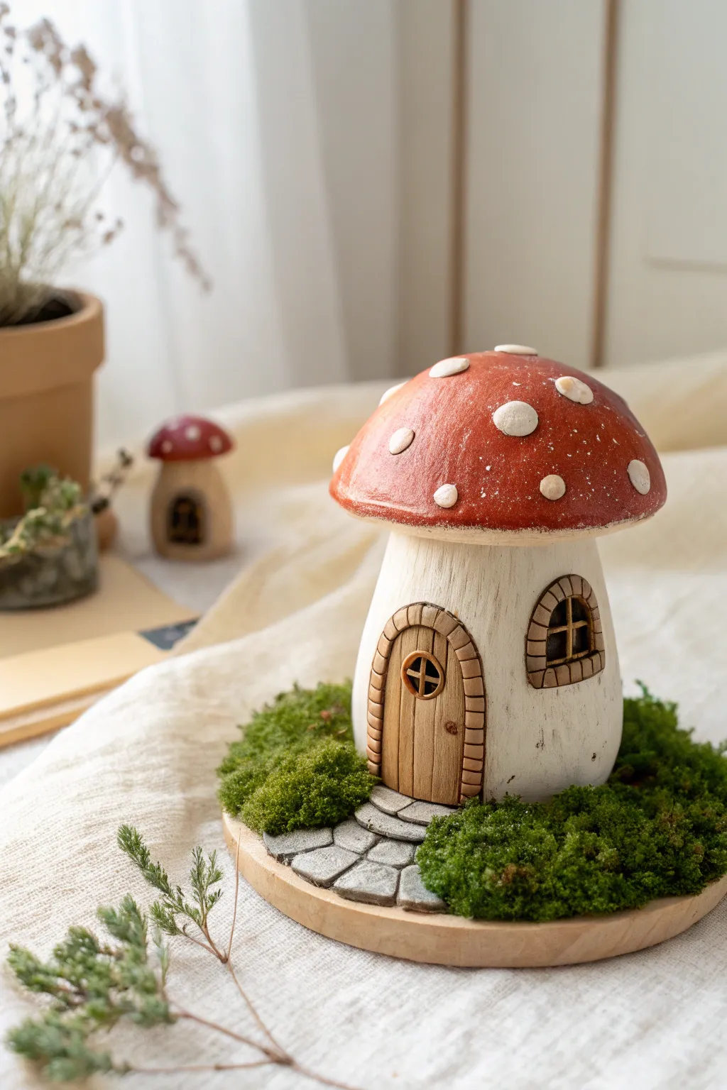 Soft fairy garden mushroom house in clay, minimalist boho styling with mossy greens.