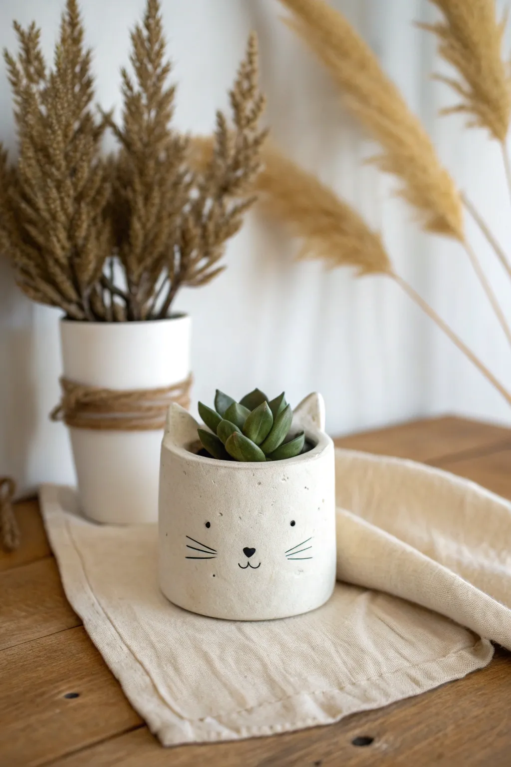 Beginner-friendly cat mini planter with tiny succulent, minimalist boho clay charm.