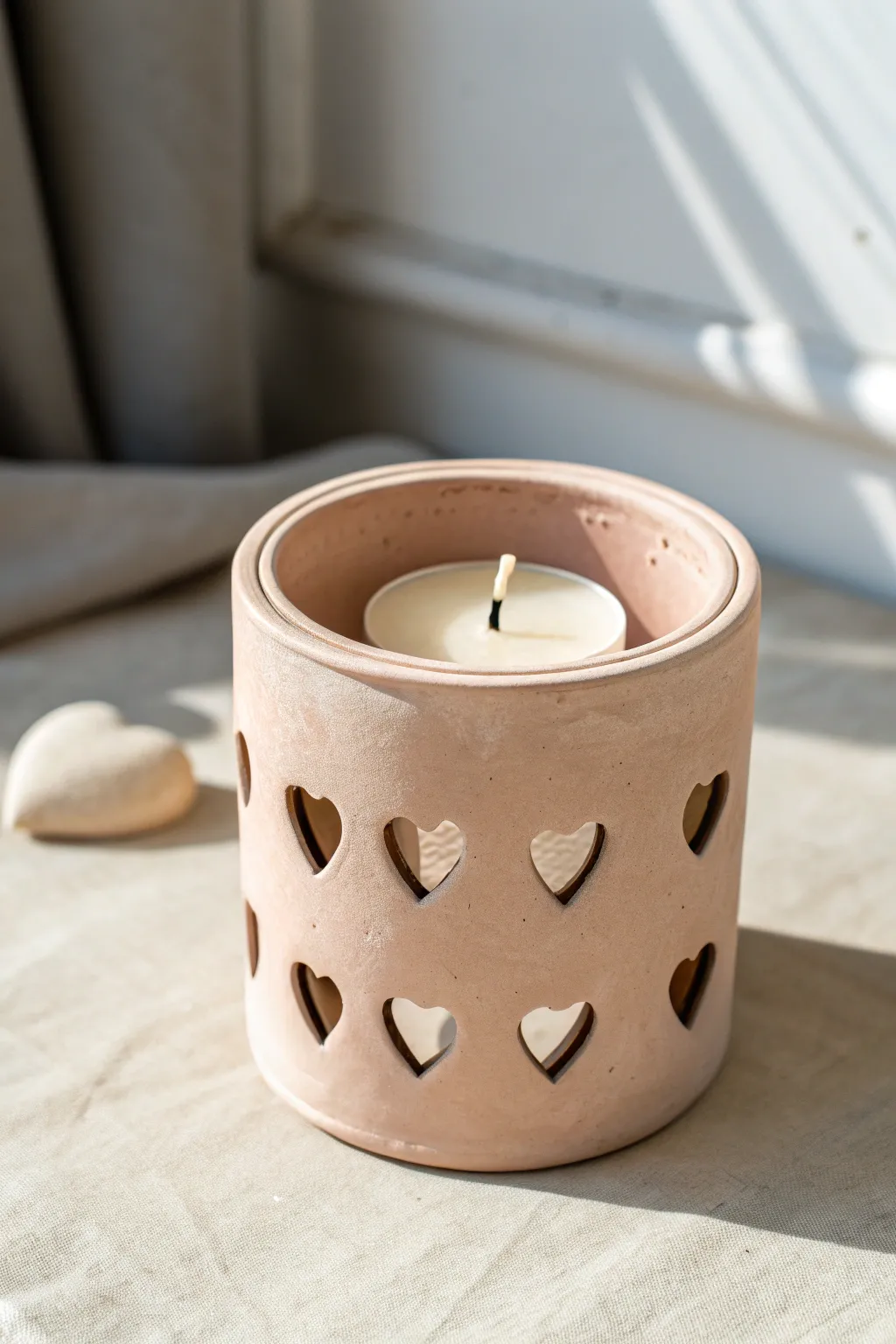 Minimal heart-cutout clay candle holder in soft neutral tones, perfect for a Mother’s Day gift