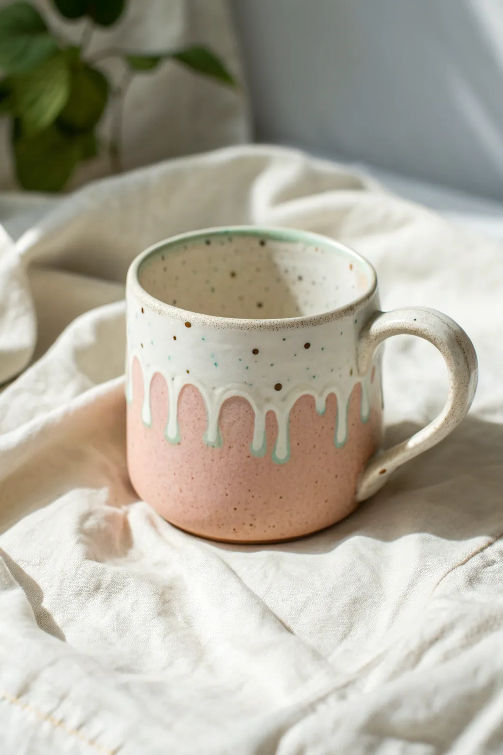 Dessert-cute clay mug with glossy drippy rim and sprinkle texture in soft pastel tones