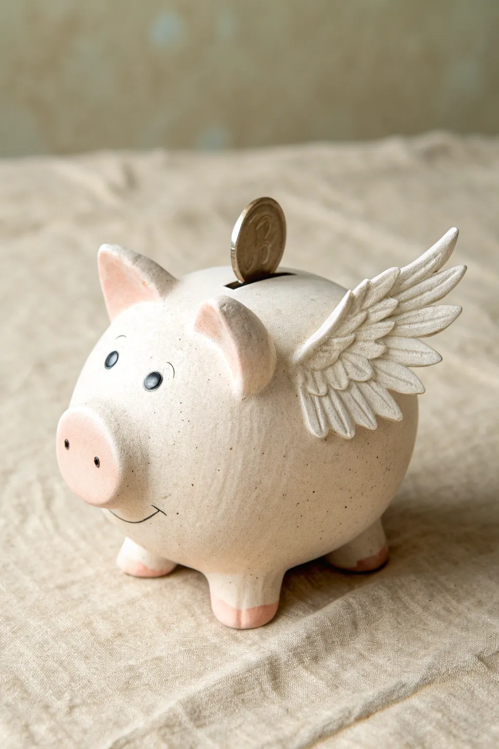 A sweet winged piggy bank in soft clay tones, bringing a touch of fantasy to saving.