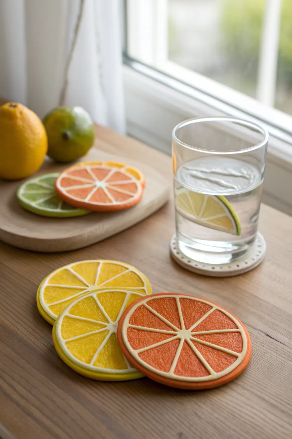 Citrus slice clay coasters stacked in a tidy set, with a glass on top for fresh minimalist charm.