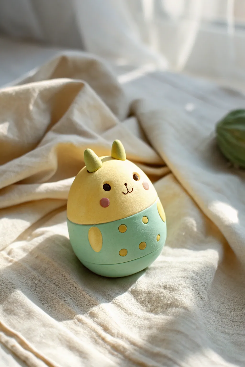 Whimsical pocket monster clay rattle with blush cheeks and tiny horns in soft Nordic light