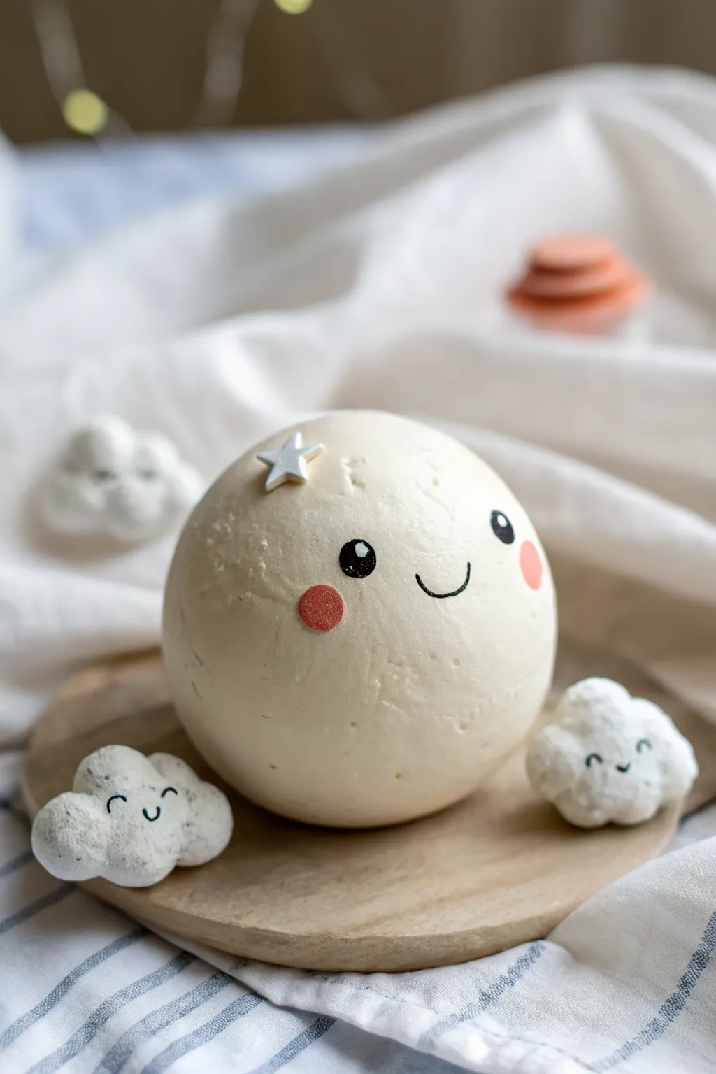 Mini tiny planet clay character with soft cloud puffs, minimalist and cute for easy sculpture ideas