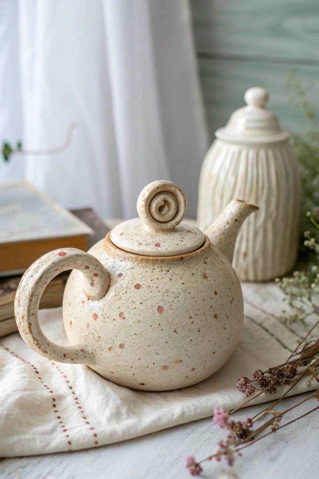 Wonky storybook teapot with a swirly spout, matte speckled glaze, and cozy handmade charm.