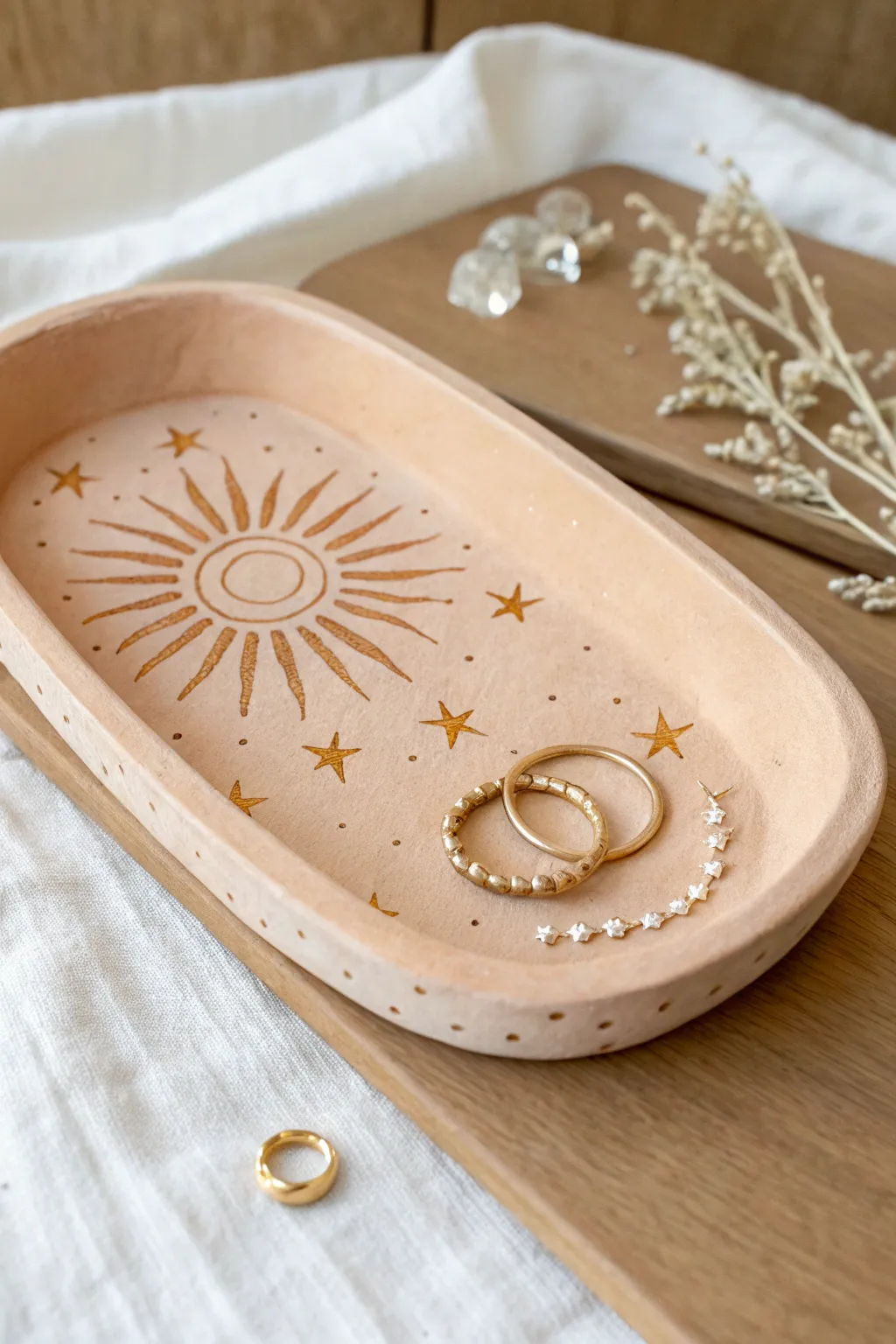 Little desert sunburst tray with tiny stars, styled with rings and a crystal charm