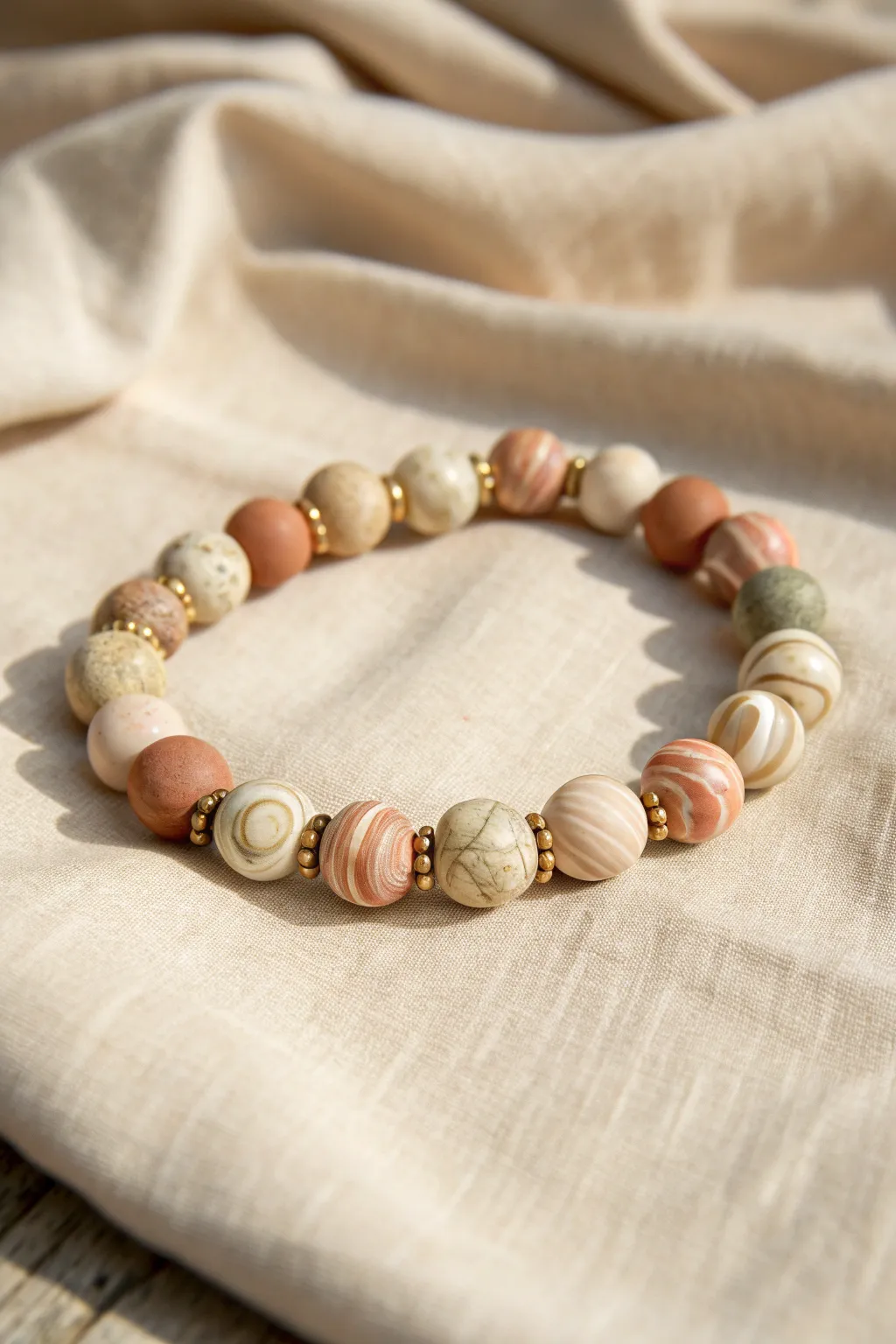 Marbled swirl clay bead bracelet in soft neutrals, minimal Scandinavian style with a gentle boho touch.