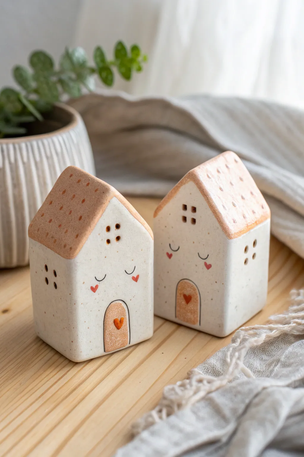 A mini clay neighborhood for date night: two cozy houses with hearts, sweet faces, and calm minimal charm.