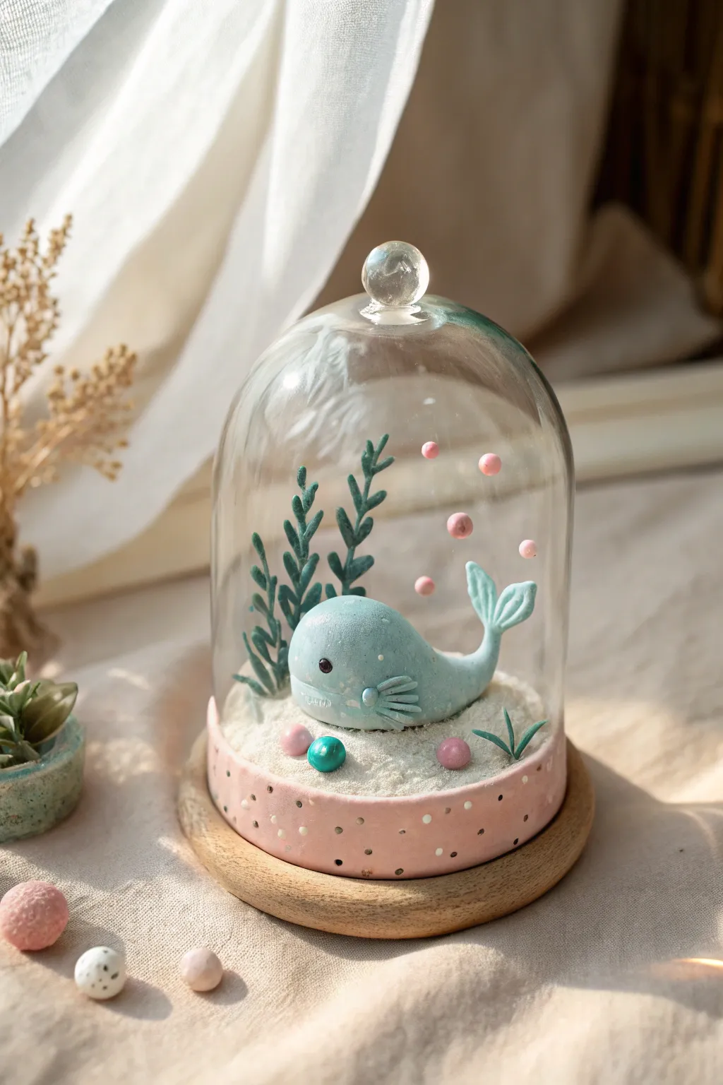 Mini clay fishbowl dome with a kawaii whale, bubbles, and pastel seaweed in soft minimal style